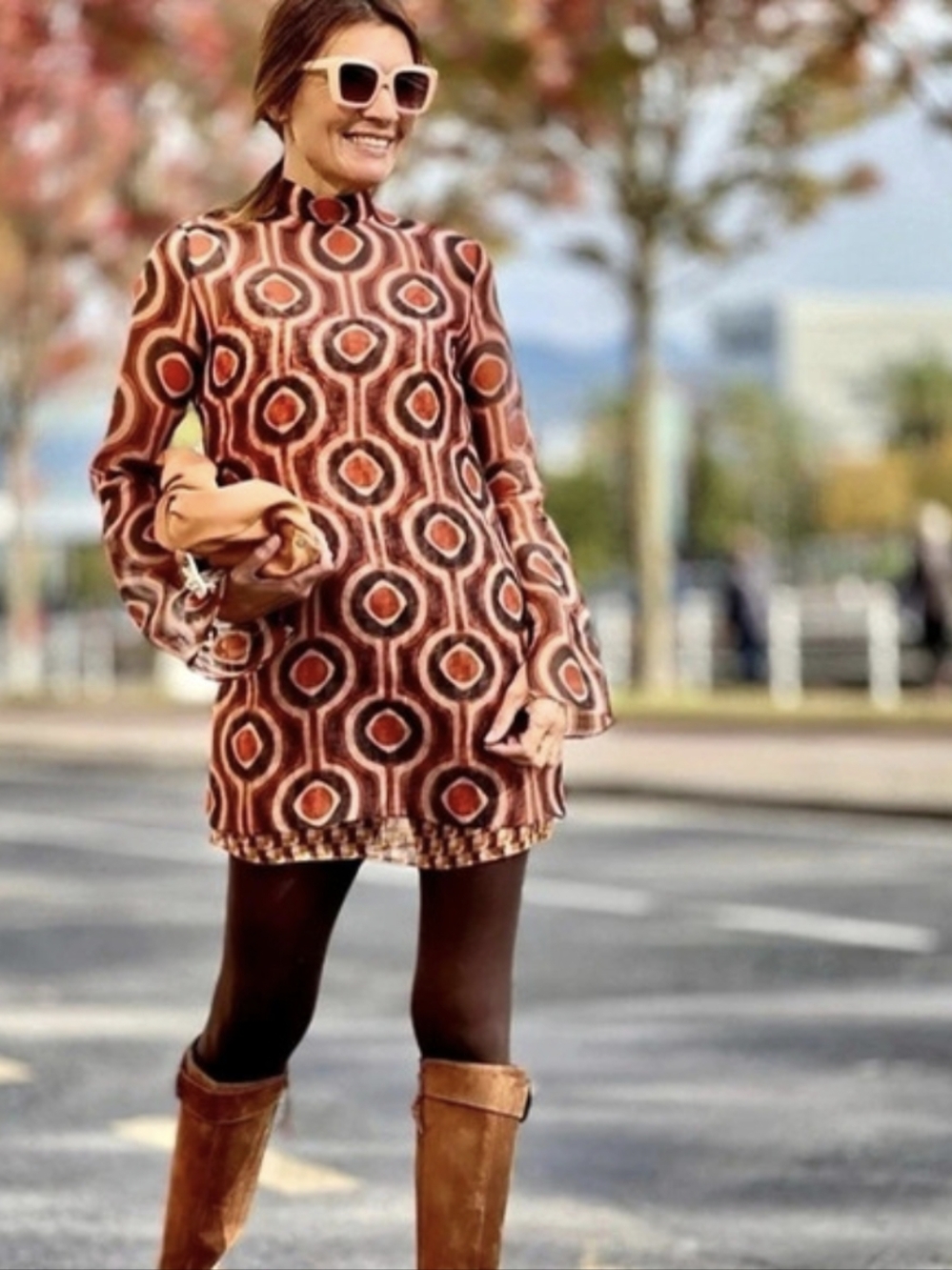 Zara Geometric Jacquard Mock Neck Tunic Dress Red & Brown Large